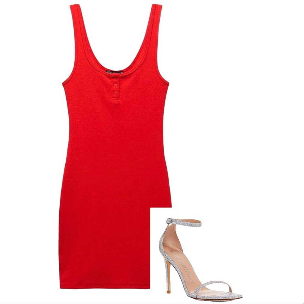 Zara Size S Red Ribbed Dress With Buttons